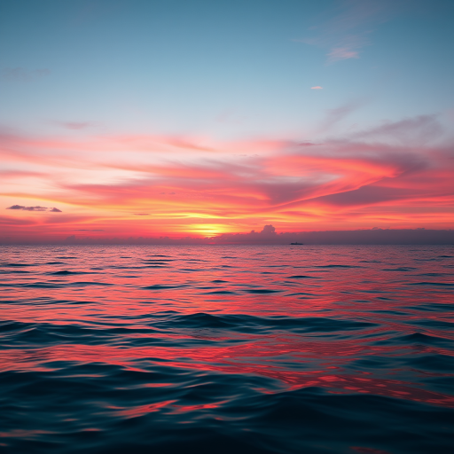Create a stunning sunset over the ocean with vibrant orange and pink hues in the sky reflecting on calm water, using a Canon EOS R5 with a 24-70mm f/2.8 lens, aperture set to f/8, ISO 100, at a 1/200 second shutter speed, captured from a low angle view to emphasize the horizon.