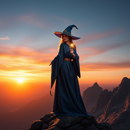 A majestic female mage in a blue robe and wizard hat, holding a glowing wand, standing on a rocky mountain peak with a panoramic view of a fantasy landscape at sunset, soft lighting, 35mm lens, f/4 aperture, ISO 100, captured with a DSLR camera in a cinematic style.