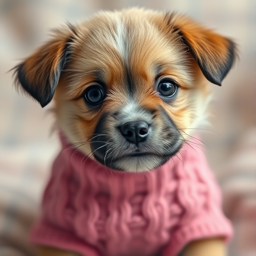 Generate a hyper-realistic image of a small puppy wearing a pink cable-knit sweater, focus on the puppy's expressive eyes and fluffy fur, use a Canon EOS R5, 50mm lens, f/1.8 aperture, ISO 100, shutter speed 1/200 sec, in a soft diffused light setting with a blurred background.