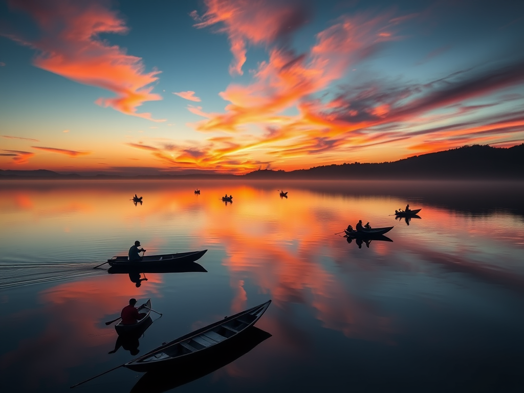 Capture a serene sunrise over a calm lake with silhouetted fishermen in boats, using a Canon EOS R5, ISO 100, aperture f/8, shutter speed 1/125s, shot from a low angle to emphasize reflections and vibrant cloud colors.