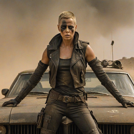 Fierce portrayal of Charlize Theron, Mad Max: Fury Road heroine, with her intense gaze and buzz cut, covered in post-apocalyptic gear and war paint, driving a souped-up muscle car through a dust storm in the barren wasteland