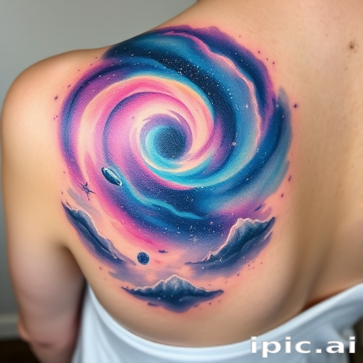 Cosmic watercolor tattoo called "Nebula Dreams" portraying a dreamy galaxy scene with swirling nebulae, twinkling stars, and distant planets, utilizing soft color blending techniques to create an ethereal, otherworldly effect, ideal for shoulder, back, or ribcage placement