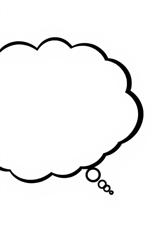 create a high-resolution thought bubble illustration with a smooth white fill and a thick black outline, captured in a 50mm lens view, f/2.8 aperture, ISO 100, soft natural lighting to enhance contrast and sharpness