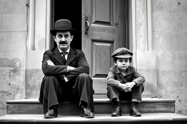 A black-and-white photograph of a man and a child sitting on steps in front of a doorway. The man is dressed as a tramp with a bowler hat, mustache, and ragged clothes, reminiscent of Charlie Chaplin's iconic look. He is sitting with his arms crossed and an expression of slight sadness or frustration. Next to him is a young boy, also in worn clothes and a cap, sitting with his hands clasped, looking thoughtful. The background is an old, textured wall and a partially open door, creating a vintage, early 20th-century atmosphere.