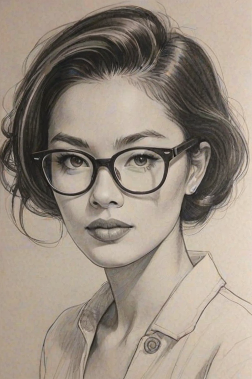Wonderful Lynn Chen, pencil sketch, portrait of Captivating woman 1957s in glasses, hair style beatnik, outline, clear lines, fine lines, 8k
