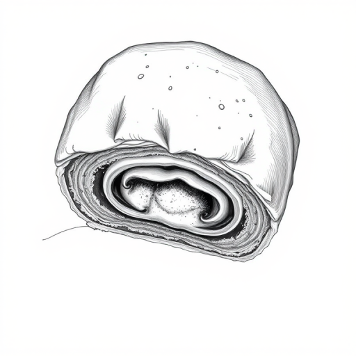 regenerate a detailed black and white illustration of a stuffed pastry, overhead view, focus on texture and layers, camera settings: f/8, ISO 100, shutter speed 1/125s, camera style: detailed fine art photography, camera type: DSLR