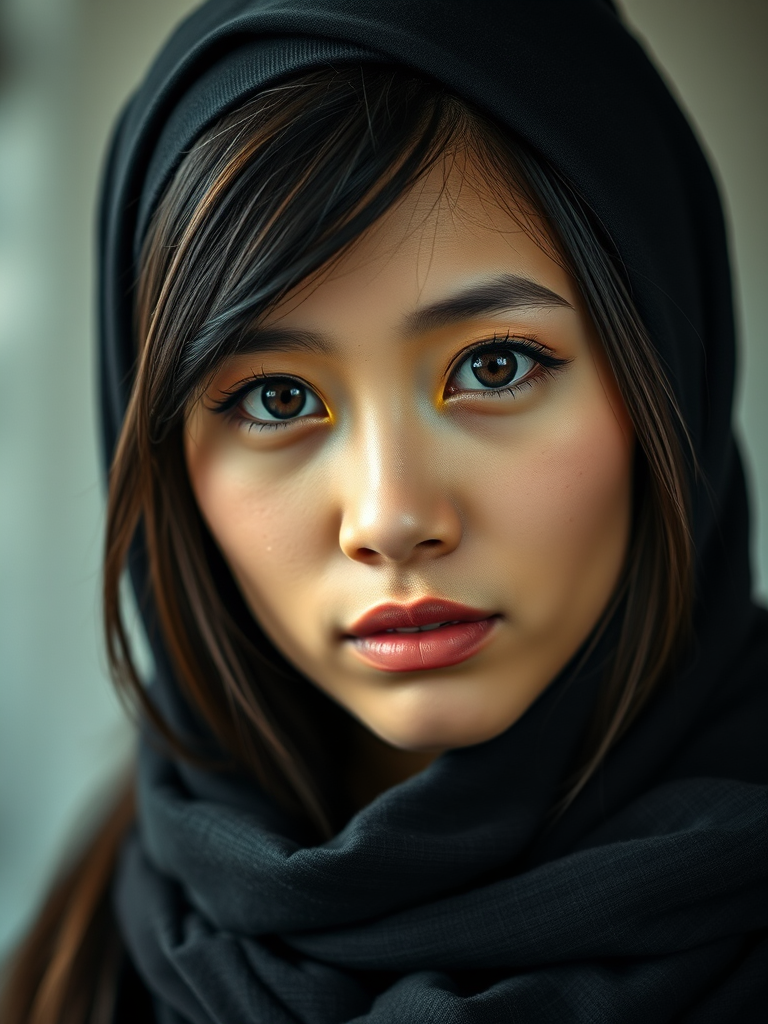 Create a portrait of a young Vietnamese woman with long, dark hair and captivating hazel eyes. She is wearing a black headscarf and a matching scarf draped gracefully around her neck. The background is softly blurred, focusing attention on her serene and natural expression. The overall color palette is muted and warm, enhancing the intimate and authentic feel of the portrait.