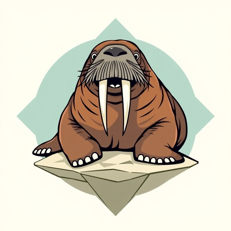 Create a highly detailed vector illustration of a stylized walrus resting on a geometric background, using a DSLR camera with a 50mm lens, aperture f/1.8, ISO 100, shot in natural light for a crisp focus and vibrant colors.