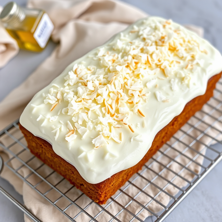 A beautifully decorated coconut loaf cake with a fluffy white frosting topped with shredded coconut on a wire rack with a light beige cloth and a small bottle of flavoring in the background.