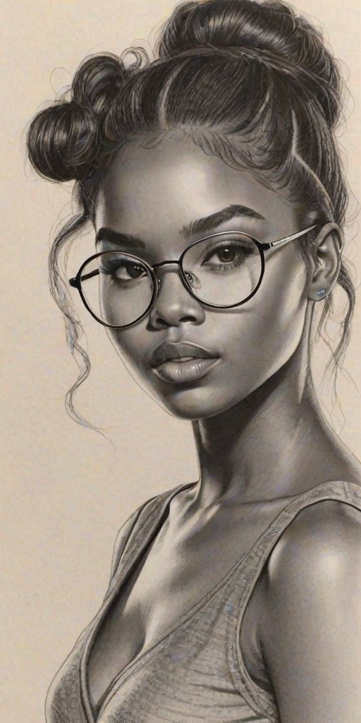 Alluring Ryan Destiny, pencil sketch, portrait of Lovely woman 1923s in glasses, hair style beatnik, outline, clear lines, fine lines, 8k