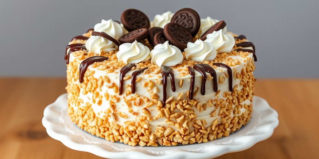 A beautifully decorated cake covered in chopped nuts with swirls of whipped cream on top and chocolate drizzle, garnished with cookies and a rich chocolate layer, displayed on a decorative white cake stand.