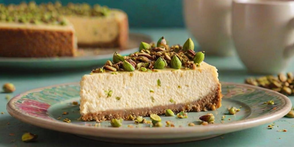 Generate an image of a delicious cheesecake with a rich, creamy texture topped with crushed pistachios. The cheesecake should have a slice cut out, revealing its layers, and be drizzled with honey. Place the whole cheesecake on a colorful plate in the background. The setting should be a light, inviting kitchen countertop.