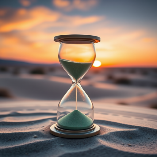 Create an abstract image of an hourglass in a vast desert landscape at sunset, with soft focus and high dynamic range, using a DSLR camera with a 50mm lens, aperture f/1.8, ISO 100, and shutter speed 1/125s.