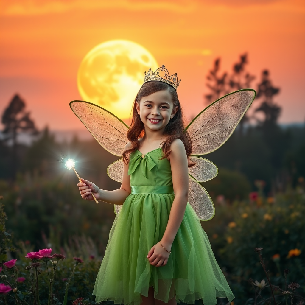 A vivid photo  taken under a bright camera flash of a fantastical scene set against a backdrop of a forest during sunset. The main subject is a girl dressed as a fairy, adorned with translucent wings and a green dress, holding a wand, her face is happy, and she wears a crown on her head. The forest behind her is a blend of flowers, shrubs and trees. The sky is painted in hues of orange and pink, with a large, glowing moon casting a warm glow over the scene. The overall color palette is dominated by earthy tones.