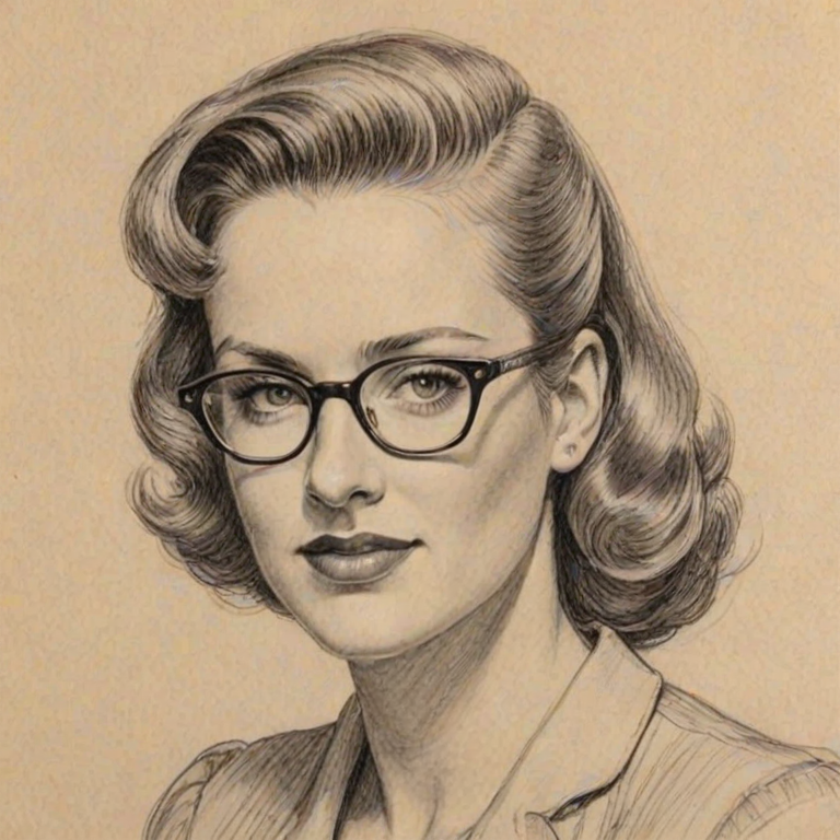 Enticing Molly McNearney, pencil sketch, portrait of Pleasing woman 1939s in glasses, hair style beatnik, outline, clear lines, fine lines, 8k