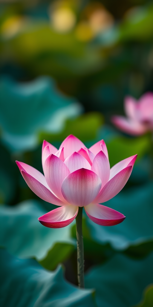 Capture a vibrant pink lotus flower in full bloom with soft lighting, using a macro lens at f/2.8, ISO 100, shutter speed 1/200 sec, shot from a low angle to emphasize the petals, using a DSLR camera to enhance image quality.