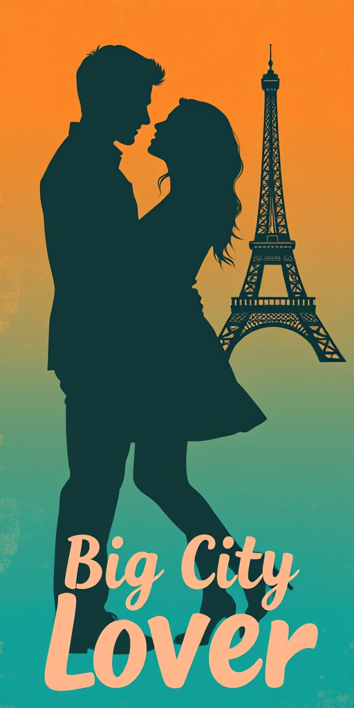 Create an artistic graphic featuring the silhouettes of a couple in a romantic pose against a textured background that transitions from orange to teal, with the Eiffel Tower icon and the text "Big City Lover" in a large, playful font, shot with a DSLR camera at f/2.8, 1/100s, ISO 100, in portrait orientation, using a soft focus lens for a dreamy effect.