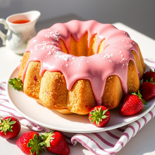 Create an image of a beautifully decorated bundt cake topped with a pink glaze. The cake should have a fluffy texture and be dusted with powdered sugar. Place fresh strawberries around the cake on a white plate. Include a small pitcher of glaze in the background and a striped cloth underneath the plate for added detail. The setting should be bright and inviting.