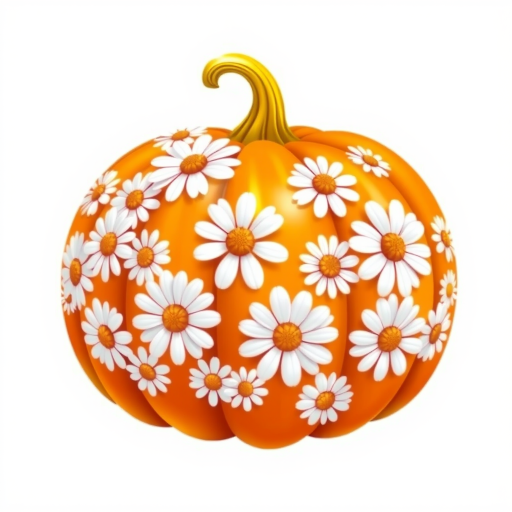 a whimsical orange pumpkin with white daises pattern covering the pumpkin. Solid white background sublimation vector 3000dpi 32k