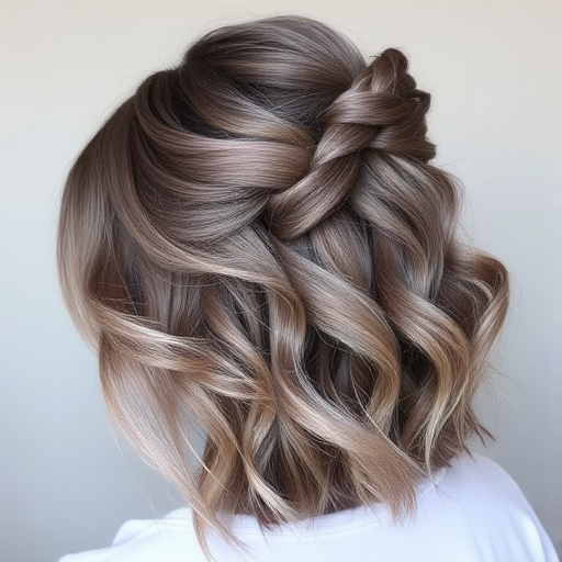 Smoky quartz ombre hair styled in a voluminous half-up bouffant, Misty Mountain style, blending ash brown and cool gray tones for an ethereal, dreamy appearance