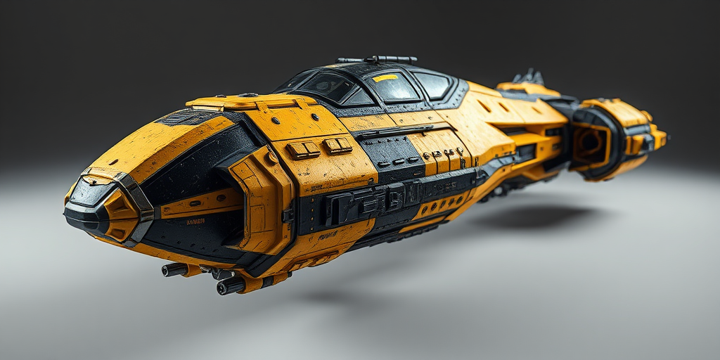 Create a highly detailed 3D rendering of a futuristic spaceship with a weathered yellow and black design, shot with a DSLR camera at f/8, ISO 100, 50mm lens, in a side view perspective with soft lighting to enhance texture and depth.
