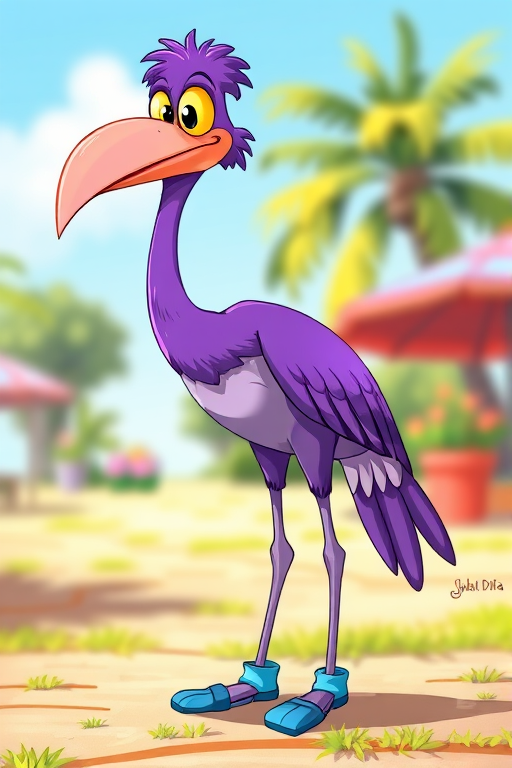 Create an illustration of a cartoon purple bird with a long neck and exaggerated features, wearing blue shoes, in a bright and colorful style, using a digital art format with high resolution, a 50mm lens, f/2.8 aperture, in a vibrant outdoor setting with soft natural lighting.