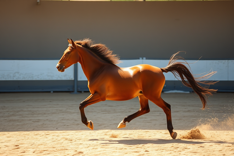 A galloping brown horse in a sandy arena under soft sunlight, with a shallow depth of field, aperture f/2.8, ISO 200, shutter speed 1/1000s, using a DSLR camera with a 50mm lens, capturing motion and vibrant color.