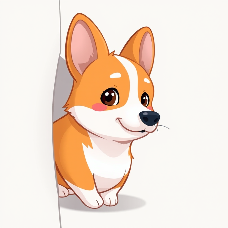illustration of a cartoon Corgi peeking from the side, minimalistic background, soft pastel colors, high detail, digital art style, camera settings: ISO 100, aperture f/2.8, shutter speed 1/60s, viewed from a 45-degree angle, using a digital drawing tablet