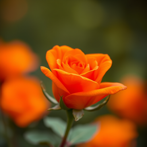 Capture a close-up of an orange rose in full bloom, with a soft bokeh background, using a DSLR camera with a 50mm lens, aperture set to f/1.8, ISO 200, and a shutter speed of 1/250 sec to enhance image quality.