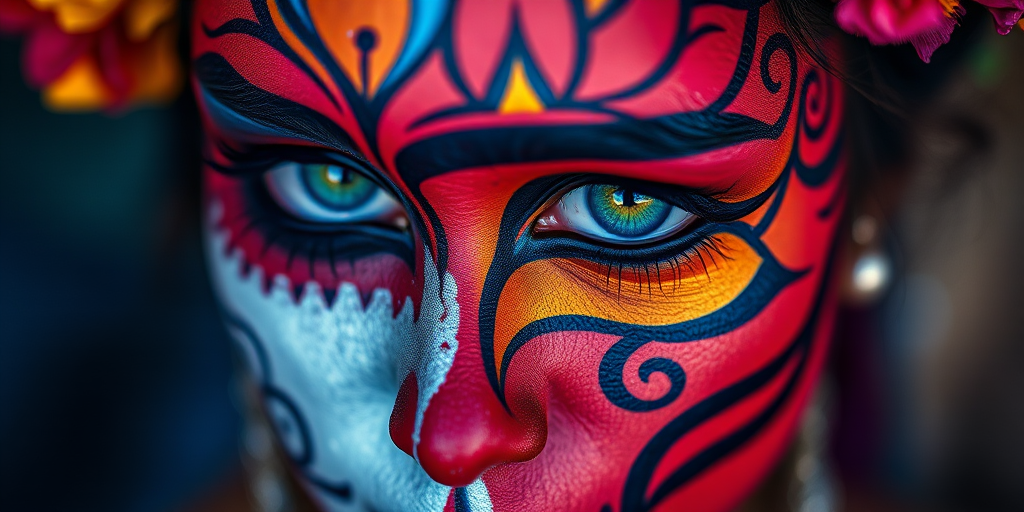 Regenerate the image of an intricately painted face with a third eye and vibrant colors, using a DSLR camera with a 50mm lens, f/1.8 aperture, ISO 100, and a soft focus background for depth, shot in HDR style to enhance clarity and detail.