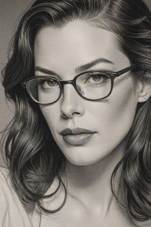 Exquisite Liv Tyler, pencil sketch, portrait of Fetching woman 1944s in glasses, hair style beatnik, outline, clear lines, fine lines, 8k