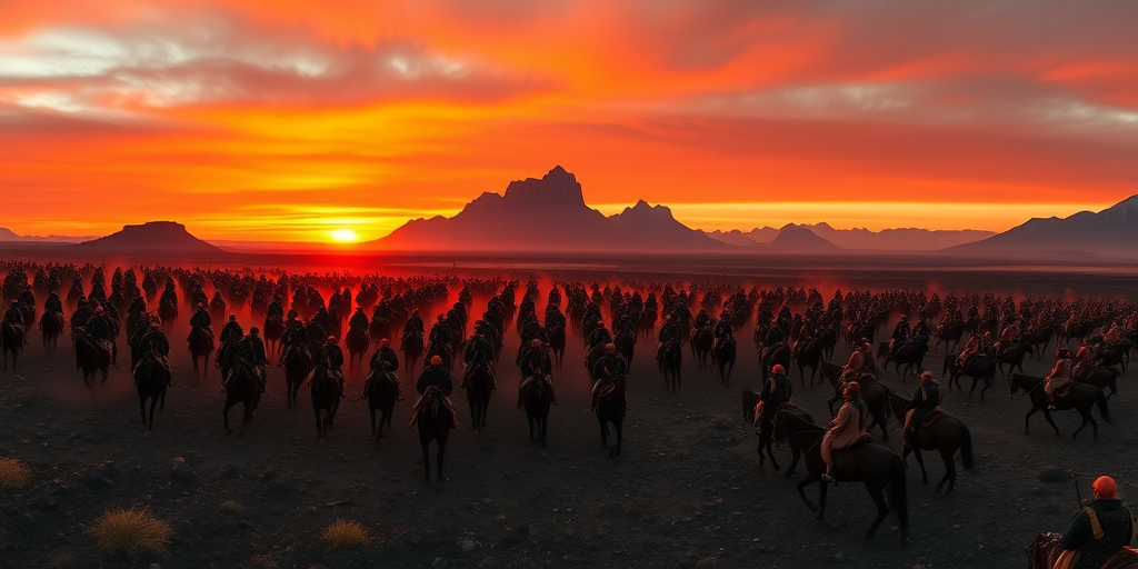 A dramatic scene of a vast army on horseback moving through a volcanic landscape at sunset, with towering mountains in the background and an orange-red sky, captured with a Canon EOS R5, 24mm lens, f/2.8 aperture, ISO 100, 1/200 sec shutter speed, panoramic view, enhanced color saturation and contrast.