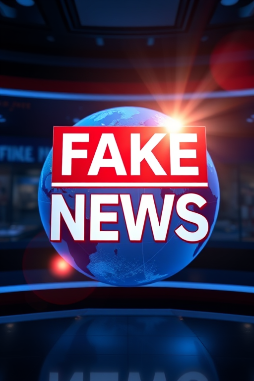 Create an image of a digital news graphic featuring the words "FAKE NEWS" prominently displayed in bold red and white, with a blue globe in the background and rays of light shining across the scene, captured with a Canon EOS 5D Mark IV, f/8 aperture, ISO 100, 24mm lens, in a high-definition cinematic style.
