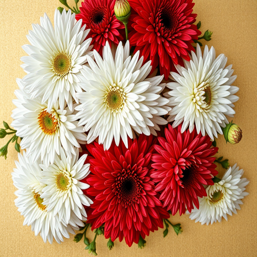 regenerate a floral arrangement featuring white and red chrysanthemums on a gold background using a macro lens with an aperture of f/2.8, 50mm focal length, natural lighting, shot from a top-down view, high-resolution digital camera