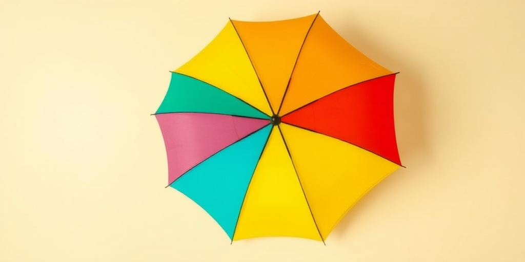 brightly colored umbrella on a plain background, f/2.8, ISO 100, 1/125s, top-down view, DSLR camera, vibrant colors, high contrast, enhanced saturation