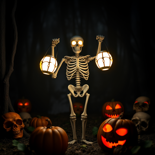 Create a spooky scene featuring a skeleton figure with glowing eyes holding two lanterns that emit an eerie light in a dark forest setting surrounded by carved pumpkins and ominous skulls. The atmosphere should be