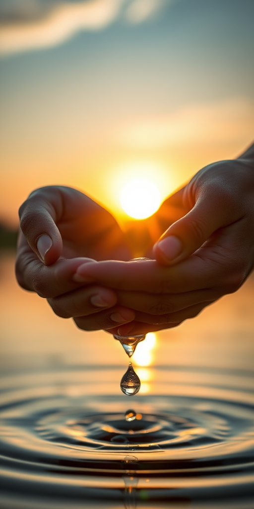 A close-up of two hands cupping water, droplets falling into a calm body of water, soft focus background, sunset lighting, camera type: DSLR, camera style: portrait, aperture: f/2.8, shutter speed: 1/200s, ISO: 100, natural light, golden hour.
