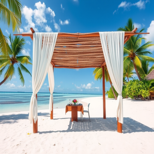 Create a picturesque tropical beach scene featuring a serene, white sandy shore. In the foreground, there's a rustic wooden canopy with white drapes gently flowing in the breeze. Underneath the canopy, a table is set with tropical decor, evoking a sense of relaxation and leisure. The beach extends into a calm, shallow water area with reflections of the sky and surroundings. Palm trees and lush greenery line the edge of the beach, providing a natural, tropical backdrop. The sky is clear with a few scattered clouds, and the overall atmosphere is tranquil and inviting, perfect for a peaceful retreat.