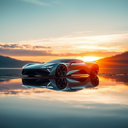 futuristic car on a lakeside at sunset, high dynamic range, shallow depth of field, ISO 100, f/2.8, 1/200s, wide-angle lens, mirror-like reflection in water, cinematic style, high-resolution digital photography
