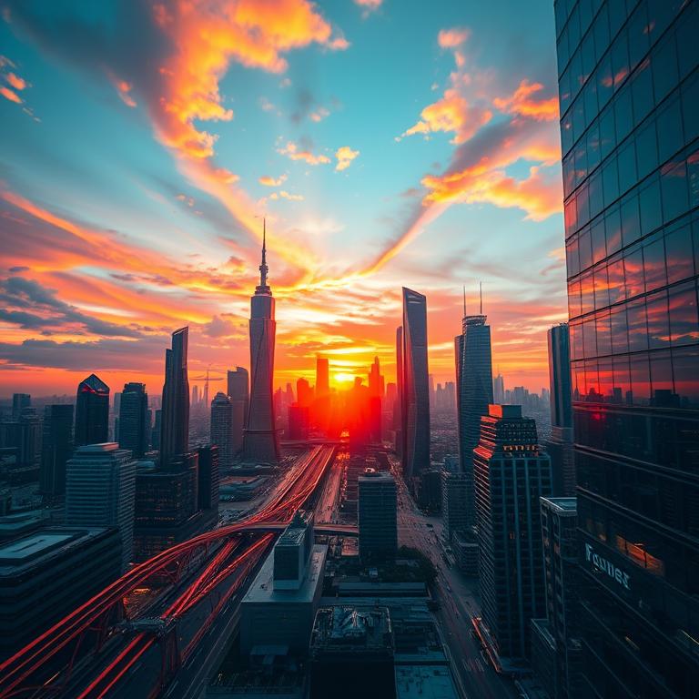 Generate a high-resolution image of a futuristic city skyline at sunset with vibrant colors and detailed architecture, using a DSLR camera with a 50mm lens, f/1.8 aperture, ISO 100, and a wide-angle view for enhanced depth of field.