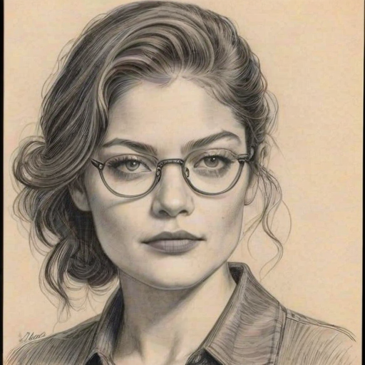 Charming Alexa Davalos, pencil sketch, portrait of Wonderful woman 1929s in glasses, hair style beatnik, outline, clear lines, fine lines, 8k