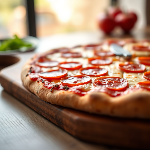 a close-up shot of a freshly baked pepperoni pizza on a wooden serving board, with a shallow depth of field, natural lighting, using a DSLR camera with a 50mm lens, aperture set to f/2.8, ISO 100, shutter speed of 1/100 sec, capturing the texture of the cheese and crust with soft highlights and shadows.