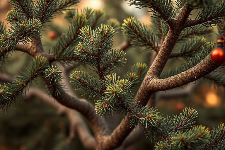 Create an illustration of a stylized evergreen tree with rich textures and a warm brown color palette, capturing the intricate details of the bark and branches, using a high-resolution setting with a 50mm lens, f/8 aperture, ISO 100, and a soft focus background for depth.