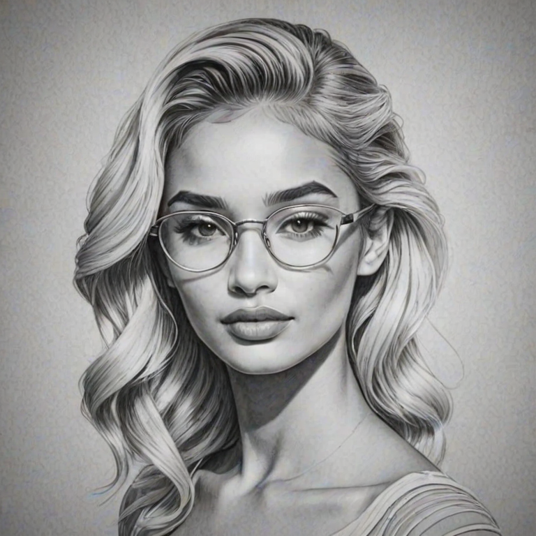 Sublime Pia Mia, pencil sketch, portrait of Exquisite woman 1934s in glasses, hair style beatnik, outline, clear lines, fine lines, 8k