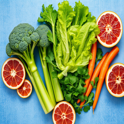 Capture a still life of fresh vegetables including broccoli, celery, lettuce, and carrots alongside sliced grapefruits on a textured blue background, using a DSLR camera with a 50mm lens at f/2.8, ISO 100, and a shutter speed of 1/125 sec, top-down view with natural lighting to enhance colors and details.