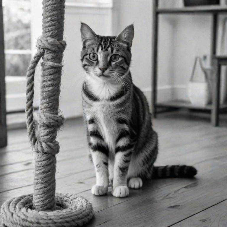 a black and white image of a tabby cat sitting on a wooden surface with a rope scratching post in the background and a blurred interior setting