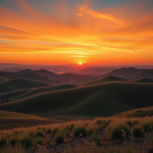 Create a high-resolution image of a serene landscape featuring rolling hills and a vibrant sunset, captured with a Canon EOS 5D Mark IV at f/8, ISO 100, 24mm focal length, using a wide-angle perspective in natural lighting.