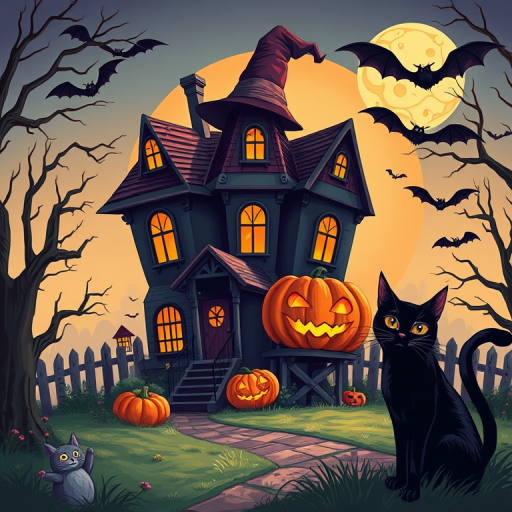 Create a high-resolution Halloween-themed illustration featuring a haunted house, pumpkin, witch hat, creepy hand, bat, and black cat with vibrant colors, using a DSLR camera at f/2.8, ISO 100, 50mm lens in bright daylight.