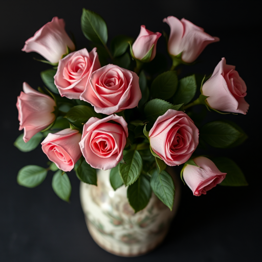 floral arrangement in a vintage vase with pink roses and green leaves, dark background, taken with a Canon EOS R5, 50mm lens, f/1.8, ISO 100, natural light, top-down view, soft focus style