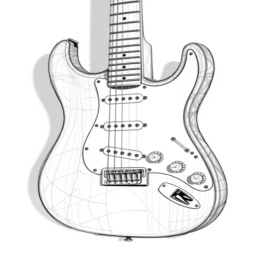 Create a high-resolution detailed sketch of an electric guitar, focusing on intricate line work and clarity, using a 50mm lens, f/8 aperture, ISO 100, in a studio lighting setup, shot from a slightly elevated angle to emphasize the body's curves and fretboard details.